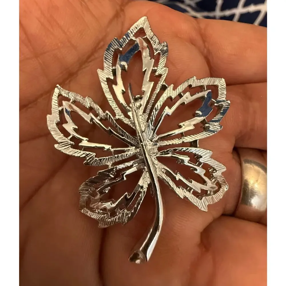 Vintage Silver Tone Openwork Maple Leaf Brooch Pin